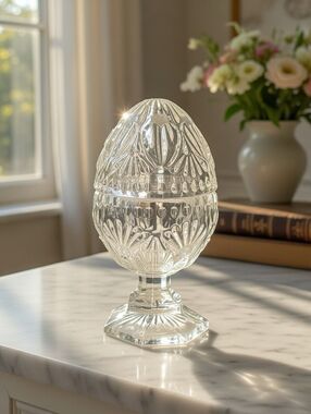 Vintage Pressed Glass Egg Candy Dish w Lid Pedestal Clear Easter 4 Inch